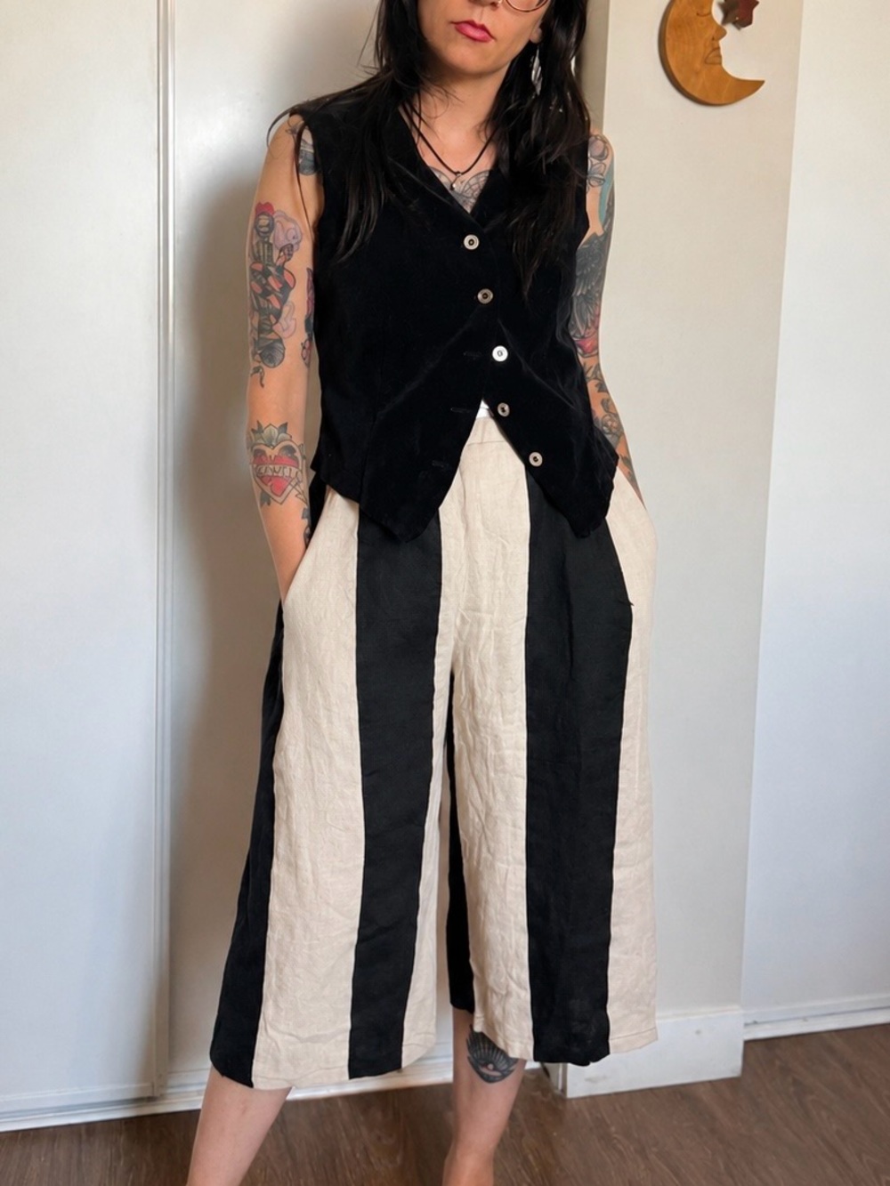 High-Rise Wide-Leg Striped 100% linen Capris